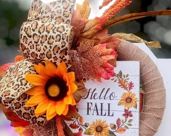 Modern Small Fall Wreath, Autumn Sunflower Fall Decor Door Hanger,Fall Floral Wreath,Animal Print Autumn Decor,Thanksgiving Wall Decor.