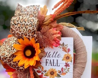 Fall Small Wreath,Leopard Print Wreath,Small Animal Print Wreath,Kitchen Decor,Sunflower Decor Wall Art,Fall Door Hanger,Rustic Fall Decor.