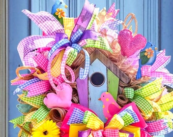 Birdhouse Summer Wreath,Summer Spring Everyday Wreath,Colorful Door Hanger, Farmhouse Whimsical Bird Wreath,Summer Wreath for Front Door.