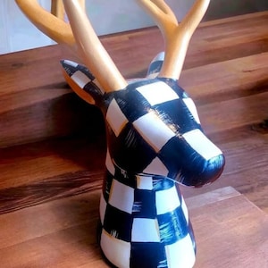 Hand Painted Black & white checked Deer Head Decor,Resin Solid Deer Head Checked Decor,Black/White checked Buck Stag Decor,Christmas Gift