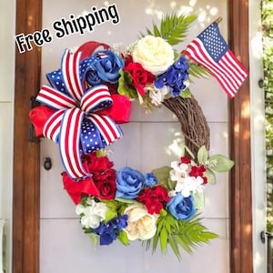 Patriotic Grapevine Wreath: Red, White, Blue Roses, Geraniums, American Flag Door Decor