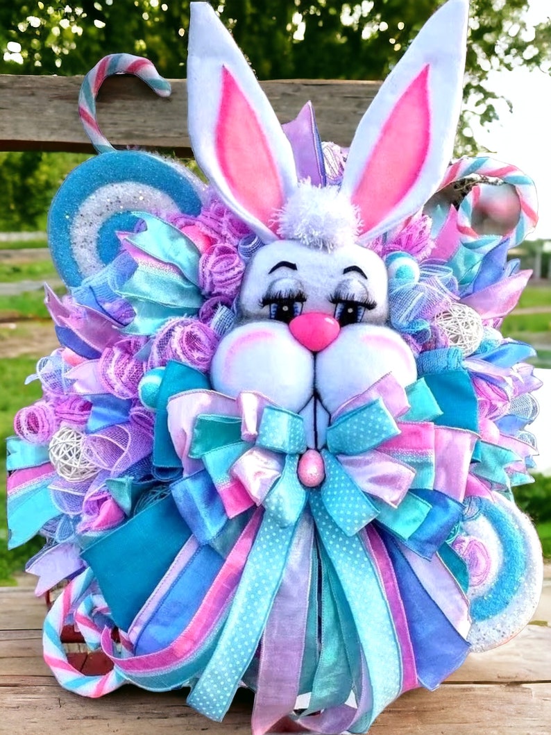 Bunny Wreath,White Rabbit Whimsical Wreath, Fantasy Bunny Wreath, Front Door Holiday Wreath,Bunny Face Wreath,Easter Bunny Door Decor. image 10