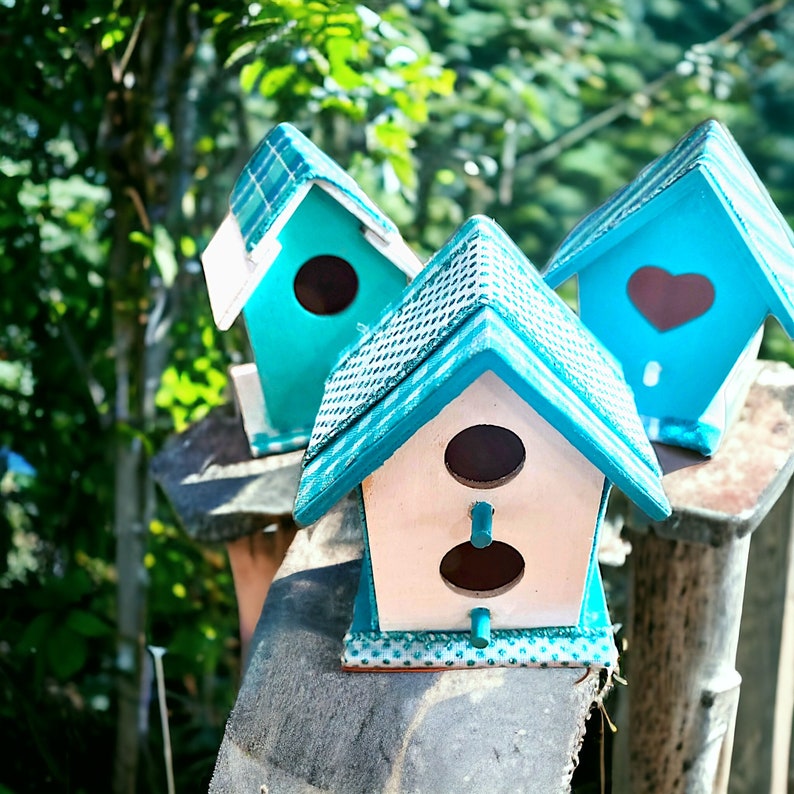 Birdhouse Set,Set of 3 Small Decorative Birdhouses,Hand Painted &Crafted Birdhouses,Mini Birdhouse Decor,Wooden Birdhouse Tier Tray Set. image 6