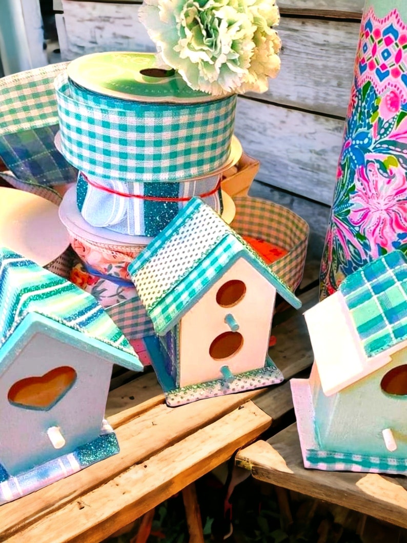 Birdhouse Set,Set of 3 Small Decorative Birdhouses,Hand Painted &Crafted Birdhouses,Mini Birdhouse Decor,Wooden Birdhouse Tier Tray Set. image 3