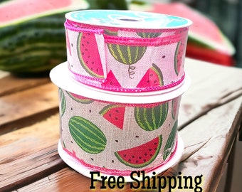 Watermelon 2.5 Natural Canvas Wired Ribbon & 1.5 Pink Watermelon Ribbon Bundle,10 yd each of 2 Rolls of Watermelon Ribbon.