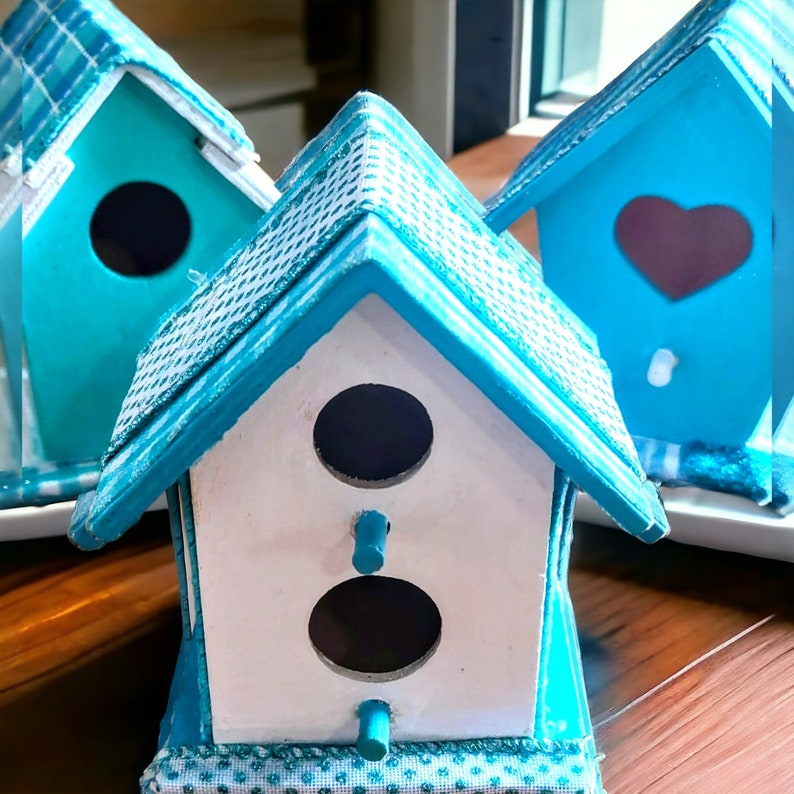 Birdhouse Set,Set of 3 Small Decorative Birdhouses,Hand Painted &Crafted Birdhouses,Mini Birdhouse Decor,Wooden Birdhouse Tier Tray Set. image 9