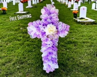 Mesh Outdoor Cross, Purple Memorial Cross,Deco Mesh Cemetery Cross,Indoor Outdoor Cross,Floral Cross Door Hanger,Front Door Cross Wreath.