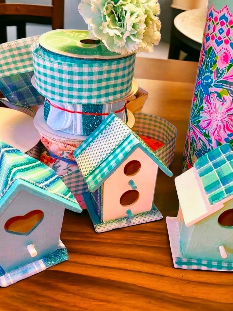 Birdhouse Set,Set of 3 Small Decorative Birdhouses,Hand Painted &Crafted Birdhouses,Mini Birdhouse Decor,Wooden Birdhouse Tier Tray Set. image 8