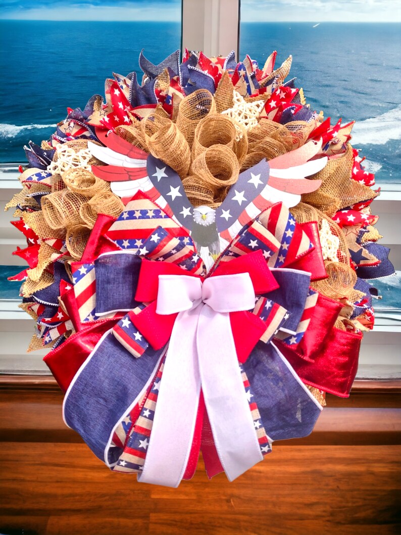 Patriotic Wreath,Eagle Wreath,Red White & Blue American Wreath,Patriotic For Front Door,Eagle Veterans Wreath,Patriotic Decor,Eagle Wall Art image 3