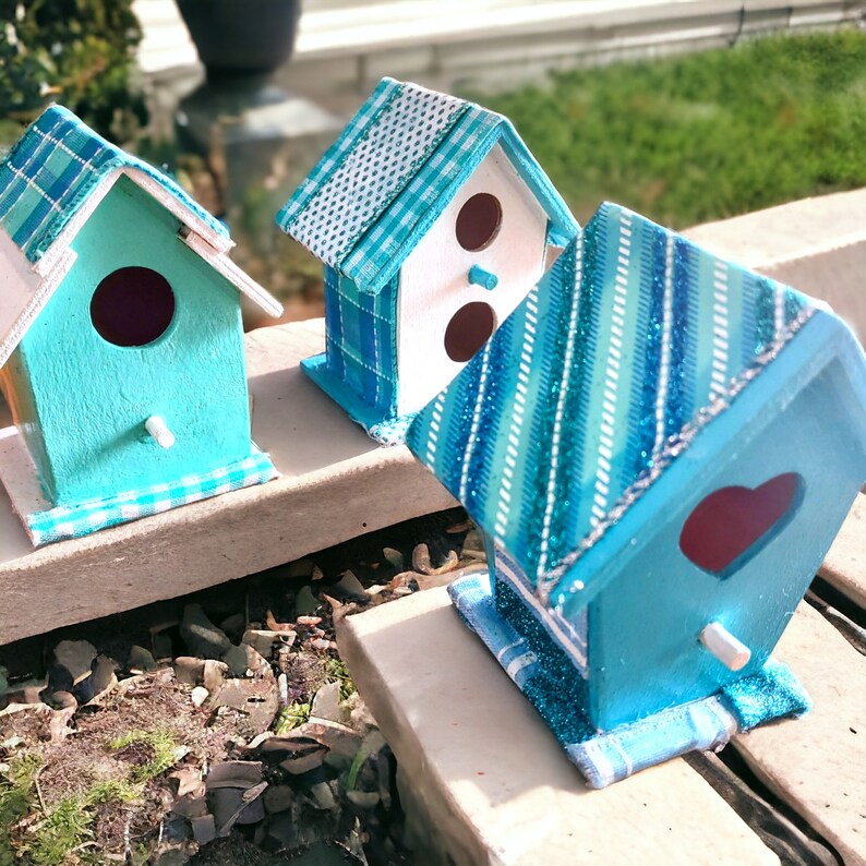 Birdhouse Set,Set of 3 Small Decorative Birdhouses,Hand Painted &Crafted Birdhouses,Mini Birdhouse Decor,Wooden Birdhouse Tier Tray Set. image 10