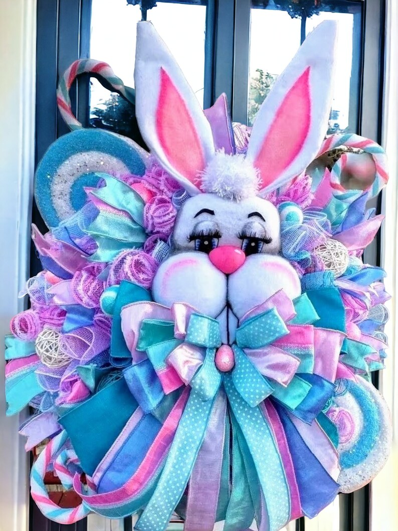 Bunny Wreath,White Rabbit Whimsical Wreath, Fantasy Bunny Wreath, Front Door Holiday Wreath,Bunny Face Wreath,Easter Bunny Door Decor. image 4