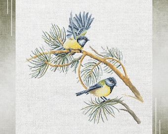Pájaros y ramas: una danza de la naturaleza en punto de cruz, una delicia en punto de cruz en pareja de pájaros, una sinfonía en punto de cruz