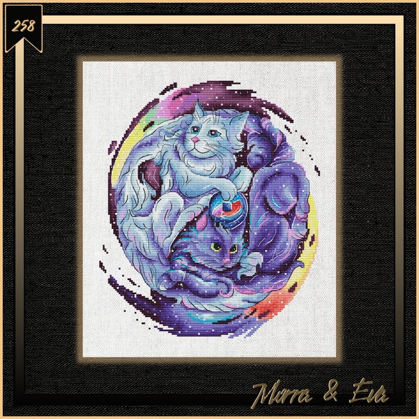 Metaphorical cross stitch design symbolizing day and night, yin and yang, unity of opposites, space cats