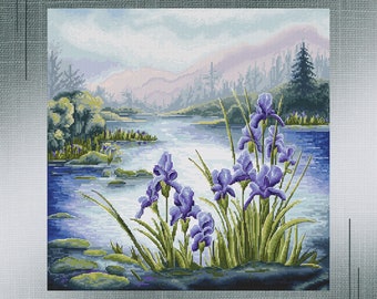 Tranquil Lake with Blooming Irises Cross-Stitch Pattern - Serene Nature-Inspired Project, Nature-Inspired Cross-Stitch Project, DIY