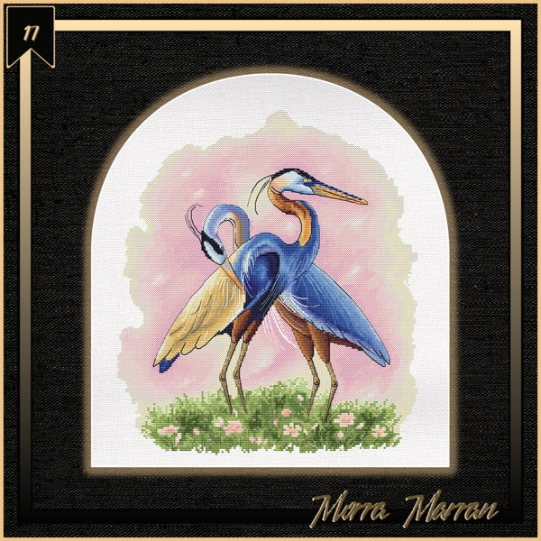 Blue herons cross stitch design birds in love DIY couple tenderness pattern wedding gift hand embroidery patterns PDF