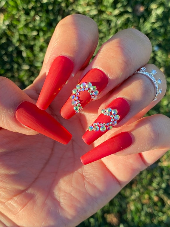 Matte Red Diamond Heart Press On Nails Etsy Australia