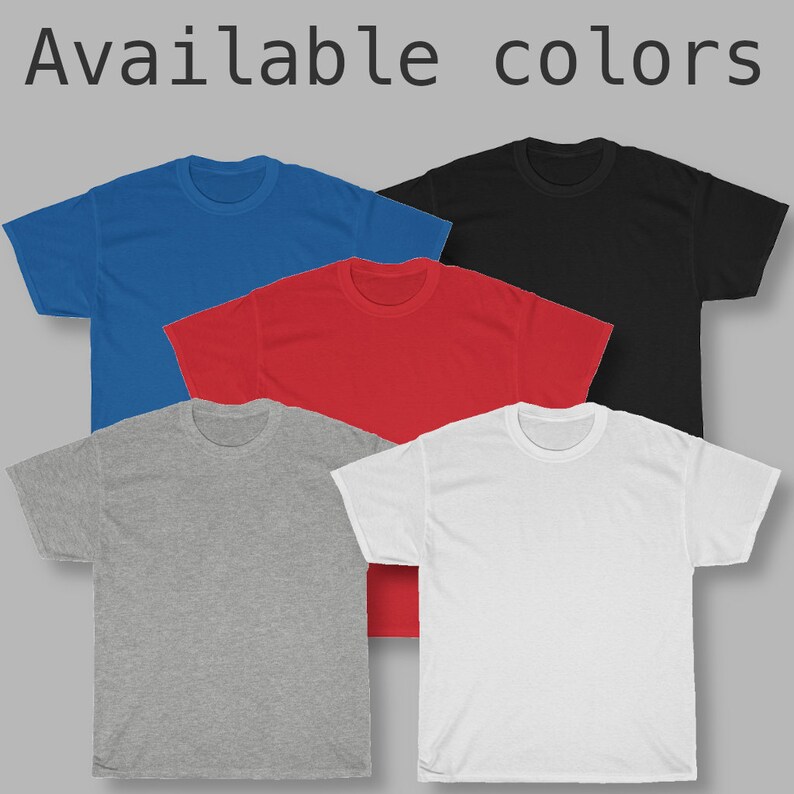 May include: Five t-shirts in different colors: blue, red, black, gray, and white. The t-shirts are all plain and have a crew neck.