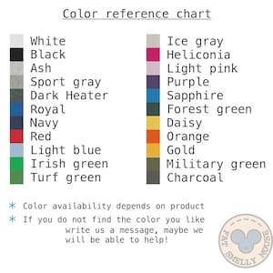 May include: Colour reference chart with 16 different colour swatches. The colours are: white, black, ash, sport grey, dark heater, royal, navy, red, light blue, Irish green, turf green, ice grey, heliconia, light pink, purple, sapphire, forest green, daisy, orange, gold, military green, and charcoal. The chart also includes the text "Colour availability depends on product" and "If you do not find the colour you like write us a message, maybe we will be able to help!"