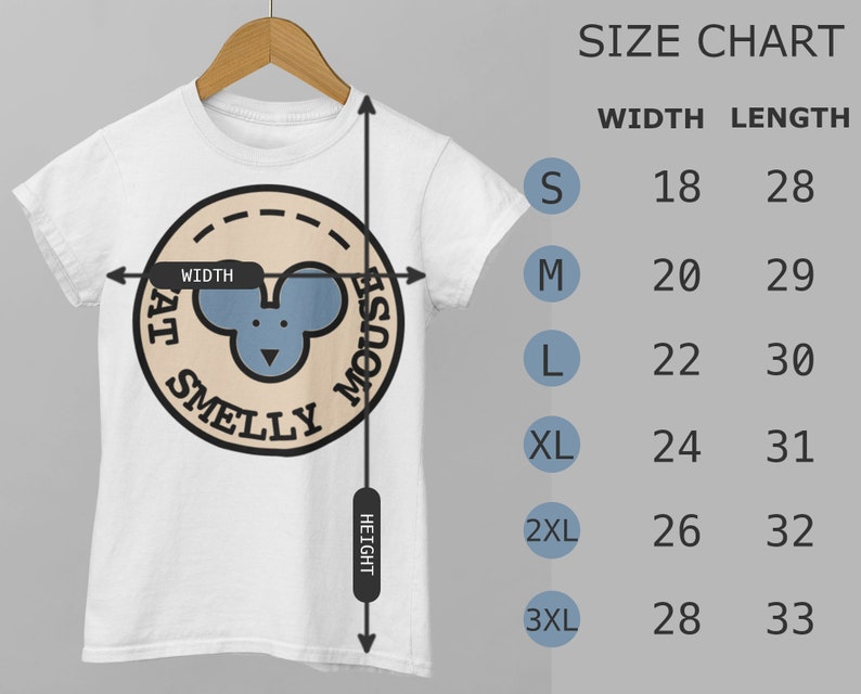 May include: White t-shirt with a beige circle graphic featuring a blue cartoon mouse and the text "Eat Smelly Mouse". Size chart with measurements in inches for sizes S through 3XL.