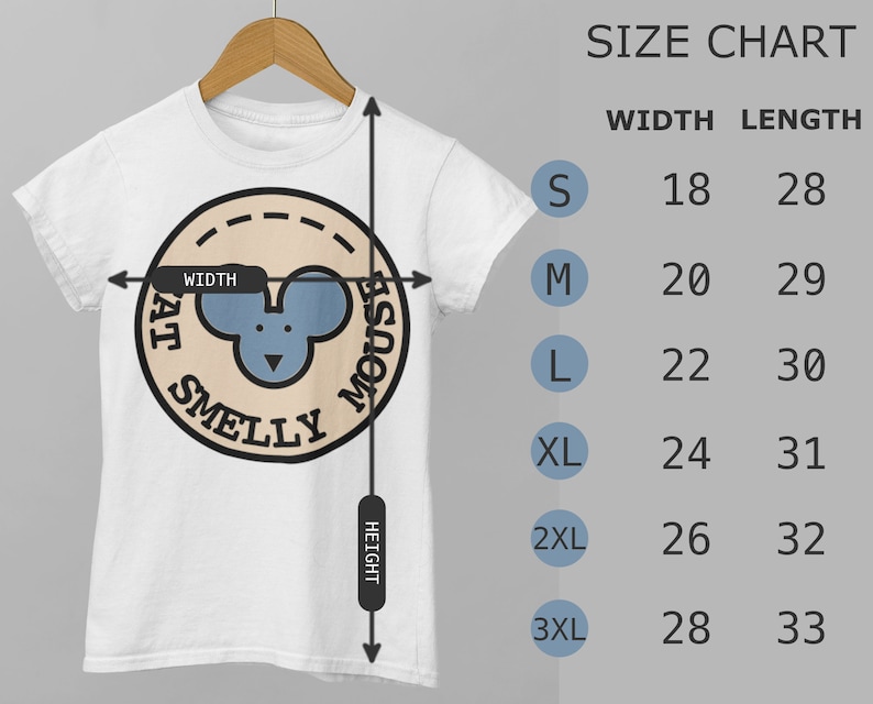 May include: White t-shirt with a beige circle graphic featuring a blue cartoon mouse and the text "Eat Smelly Mouse". Size chart with measurements in inches for sizes S through 3XL.