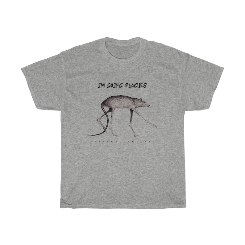 May include: A gray t-shirt with the text "I'm going places" and a black and white illustration of a creature with long legs and a long tail.