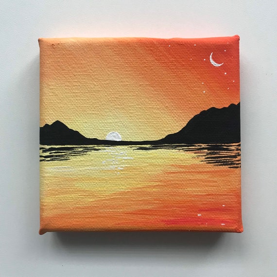 4x4 Mini Canvas Acrylic Painting Orange Fall Sunset // Room Decor // Gift  Ideas 