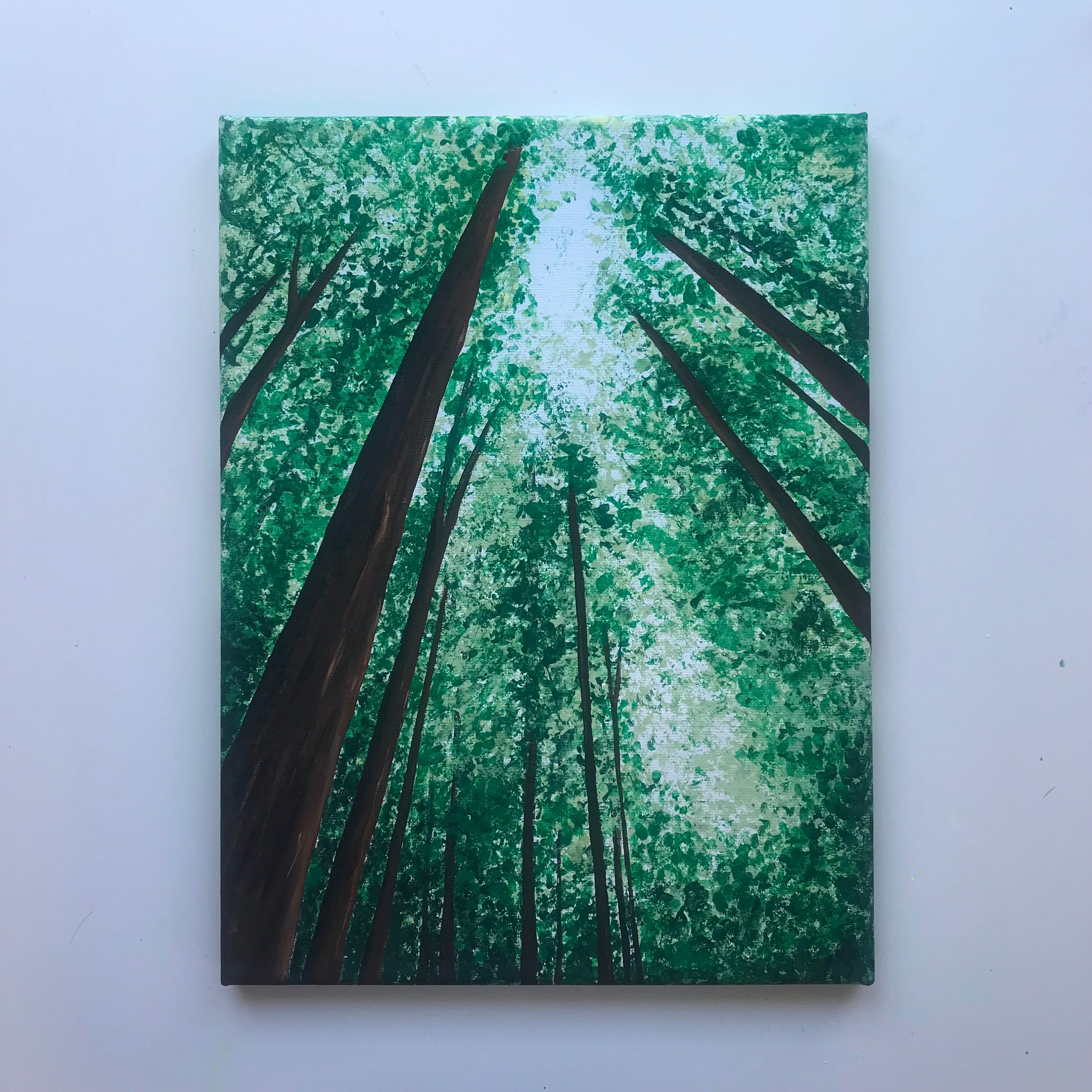 9x12 Simple Green Forest Acrylic Painting // Looking up in the Trees //  Room Decor // Gift Ideas 