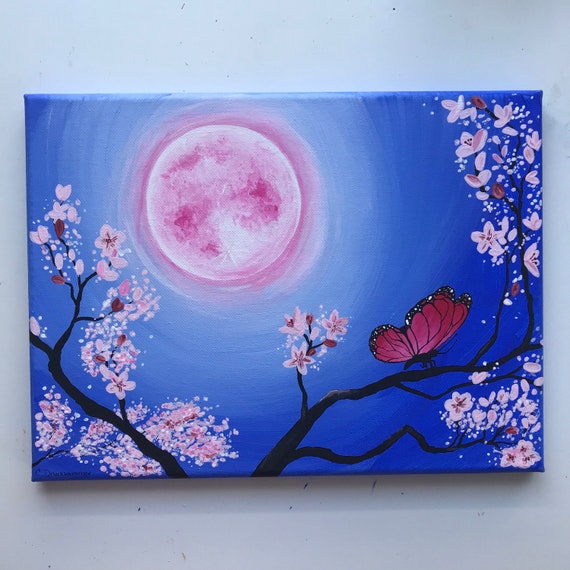 MADE TO ORDER 9x12 Pink Full Moon Cherry Blossom Tree Pink