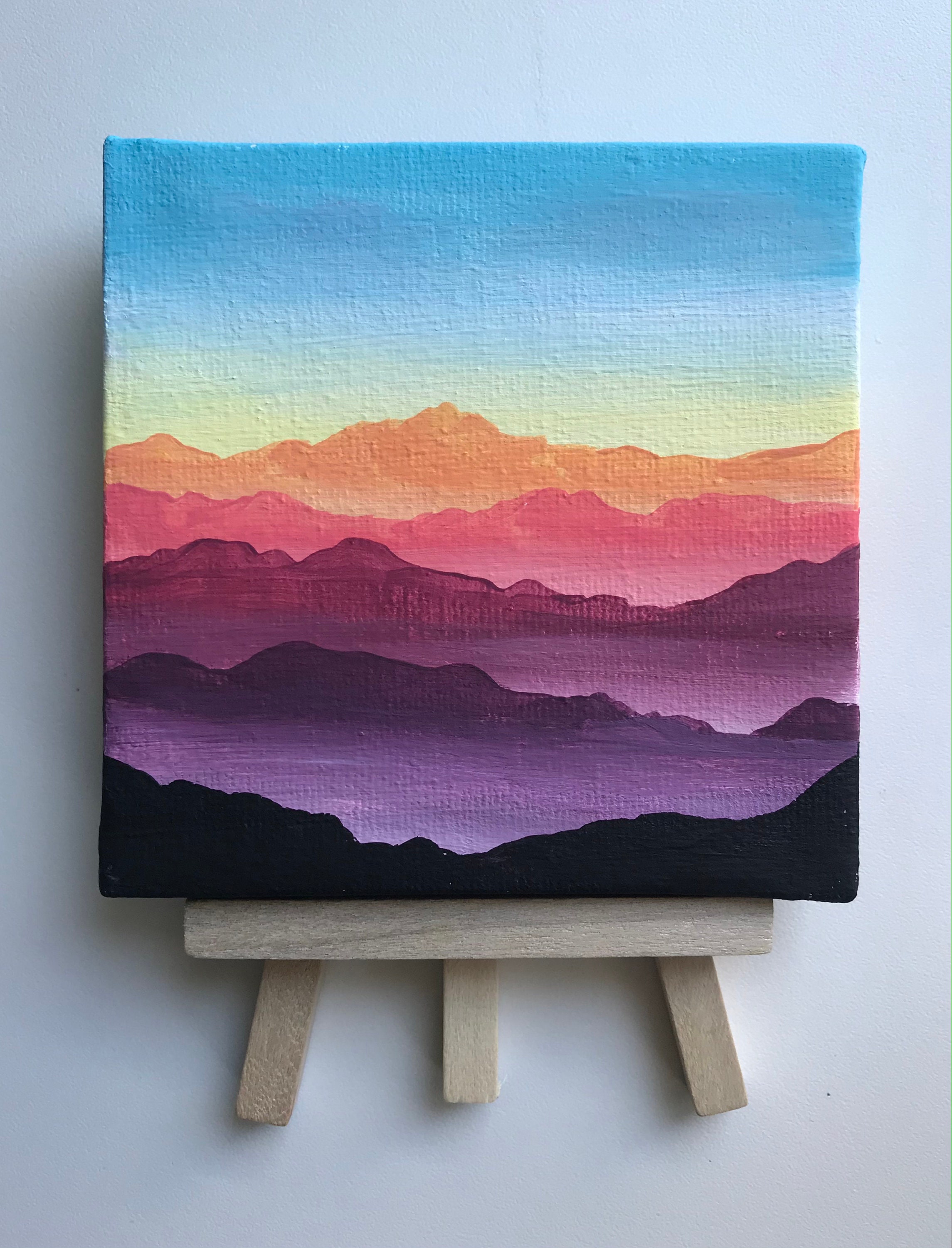 Mini Mountain Sunrise Painting on Canvas with Easel