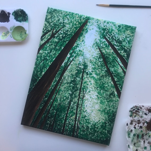 9x12 Simple Green Forest Acrylic Painting // Looking up in the Trees //  Room Decor // Gift Ideas 