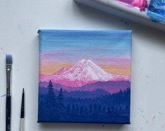 Mt. Rainier Sunrise Mini Canvas Acrylic Painting // Colorful PNW Mountain Sunrise // 4x4” Mini Canvas Art // Gift ideas // Room decor