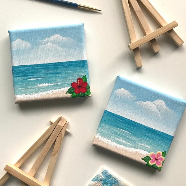 MADE TO ORDER - 4x4” Mini Canvas Beach Scene Acrylic Painting with Easel // Customizable // Room Decor // Gift Ideas
