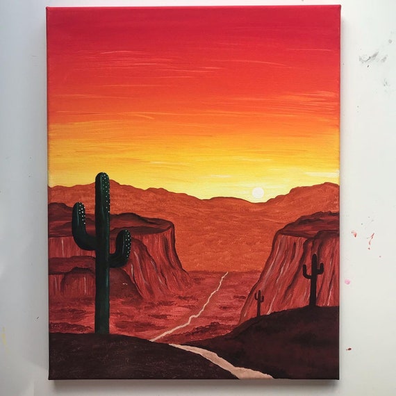 11x14 Midwest Sunset Acrylic Painting Desert Cactus Sunset