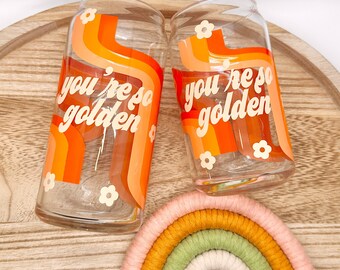 You're SO Golden Glass Cup, Retro Glass Cup, Retro Pattern Glass Cup, Groovy Pattern Glass Cup, Trendy Glass Cup,