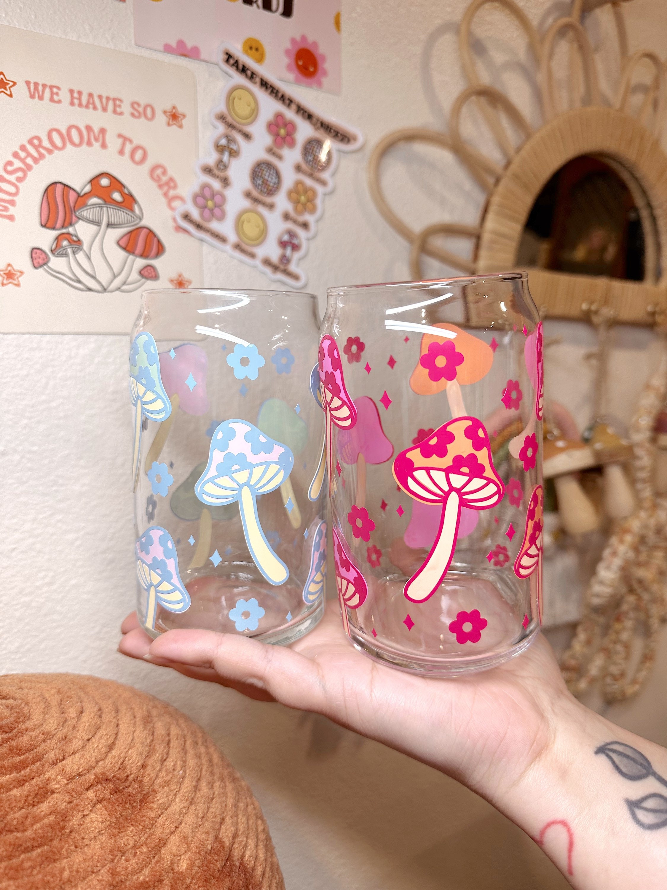 Retro Mama 18oz frosted glass cup Vintage Flower design w/ bamboo