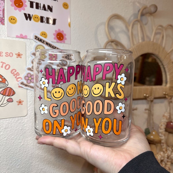 Happy Looks Good On You Glass Cup, Positivity Glass Cup, Happy Face Glass Cup, Mental Health Glass Cup, Retro Character, Trendy Cup