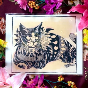 Tribal Cat - Zentangle Monochromatic Illustration Original Signed Art Print