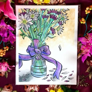 Ribbons & Flowers - Purple Ribbons Floral Watercolor Original Signed Art Print