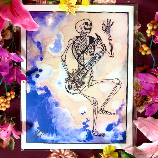 Jazz Skeleton - Saxophone Watercolor Illustration Original Signed Art Print