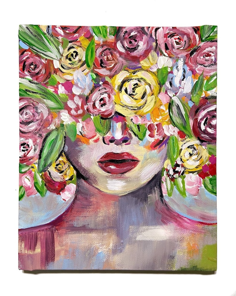 Original Handpainted Head of Flowers Acrylic on Stretched Etsy