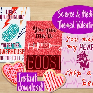 Cartes de Saint-Valentin médicales imprimables scientifiques, cartes de la taille d'une salle de classe pour les enfants et le travail - jeux de mots biologie, blagues, étiquettes cadeaux - téléchargement immédiat