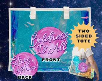 ¡La audacia lo es todo! / ¡Estrellas, Capitán! Bolsa de tela holográfica con frase de Santuario Lunar de Murderbot - Bolsa de tela de PVC para fans de la ciencia ficción