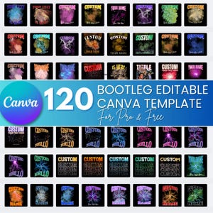 Pode incluir: Uma coleção de 48 designs quadrados pretos com texto e gráficos personalizáveis. Os designs apresentam raios, efeitos de fumo e a palavra "CUSTOM". A imagem também inclui o texto "BOOTLEG EDITABLE CANVA TEMPLATE For Pro & Free".
