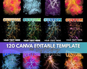 Può includere: Una collezione di modelli Canva personalizzabili con fulmini e nuvole. Ogni design presenta la parola "CUSTOM" in alto, con spazio per testo personalizzato. I modelli sono progettati per essere facili da personalizzare.