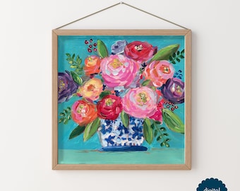 Leuchtender floraler Kunstdruck, farbenfrohes Blumenbild, botanische Dekoration (Digitaler Download)