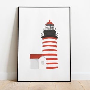 Quoddy Head Lighthouse, DIGITAL Art Print, DIGITAL DOWNLOAD, Maine, Lubec, Home Office, Living, Coast, Decor, Printable, Instant, Hand-drawn