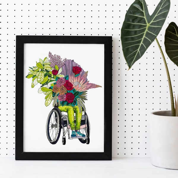 Wheelchair Plants in Pants Art Print | 8x10 & 9x12 inches | disability pride | floral mobility aid | Body positive gift | bouquet wall art