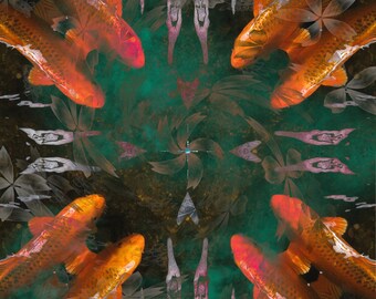 Cosmic Carp Kaleidoscope Koi Fishies 02 | 8x8 10x10 12x12 inches | goldfish fish swimming green orange pink water art print decor