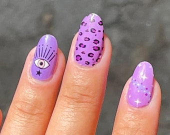 Purple Alien Nail Polish Wraps,  Alien Nails, Snake Nail Wraps, Evil Eye Nail Decals, Violet Leopard Nail Design