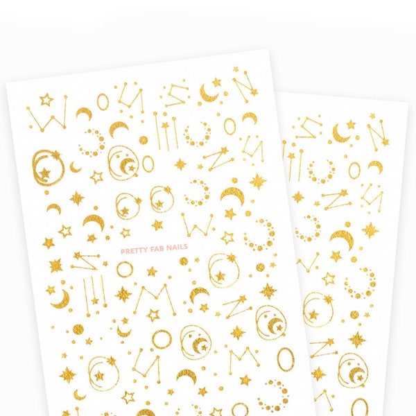 Gold Night Sky Star Nail Stickers, 2 Sheets, Celestial Moon and Star Nail Decals; 3D Metallic Gold Nail Art Stickers